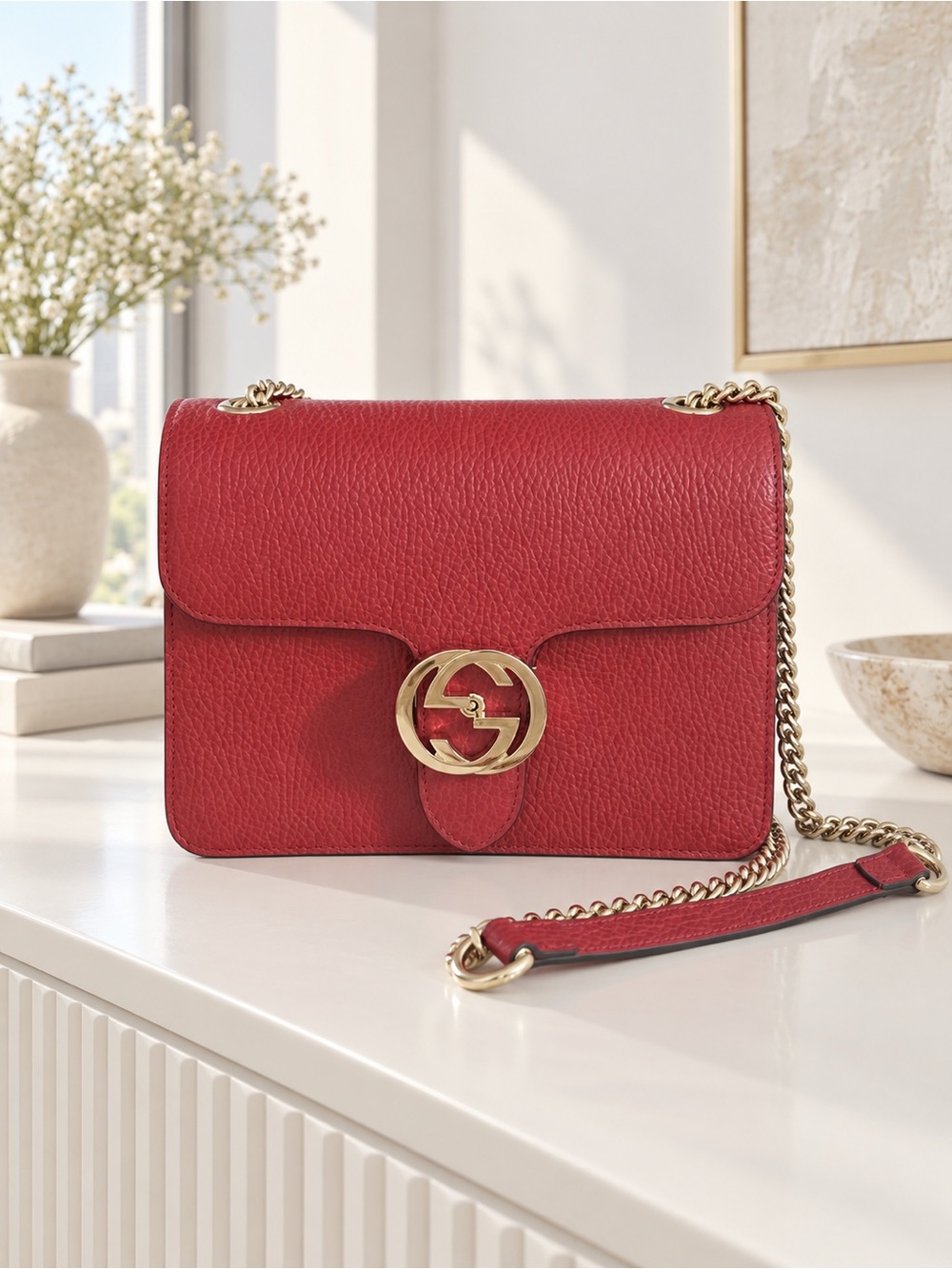 Gucci Red Leather Crossbody with Gold Interlocking G
